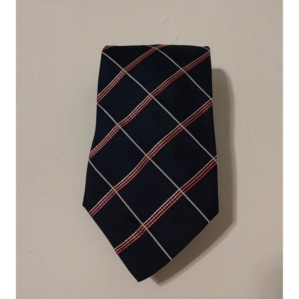 Thomas Pink 100% Silk French Dark Navy Blue & Pink  Necktie Diamond Pattern